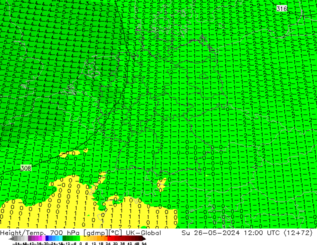 Height/Temp. 700 гПа UK-Global Вс 26.05.2024 12 UTC