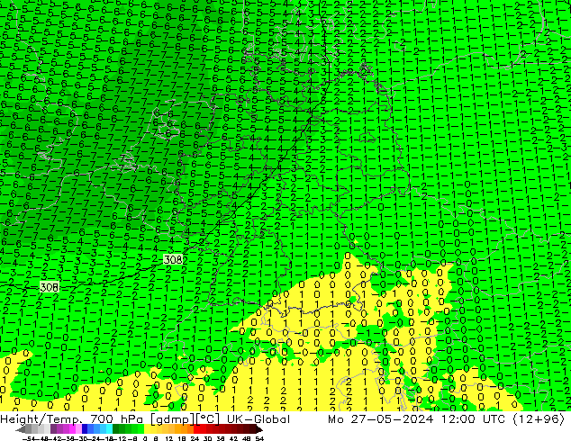 Height/Temp. 700 гПа UK-Global пн 27.05.2024 12 UTC