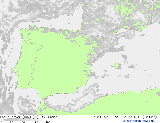 Cloud cover (low) UK-Global Fr 24.05.2024 15 UTC