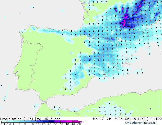 Precipitation (12h) UK-Global Po 27.05.2024 18 UTC