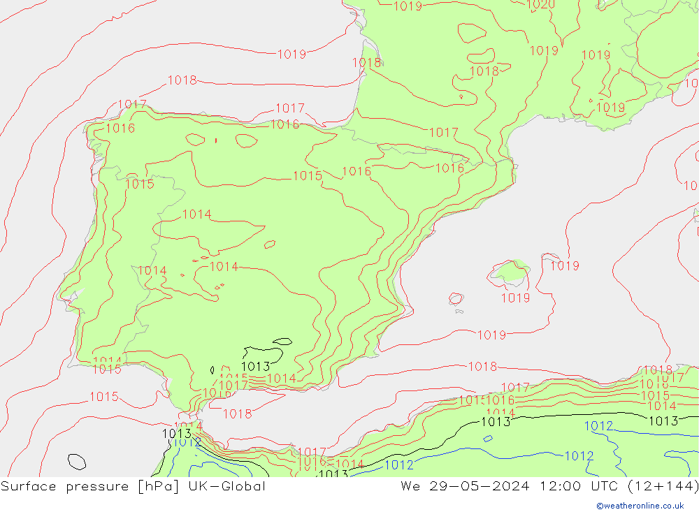 Presión superficial UK-Global mié 29.05.2024 12 UTC