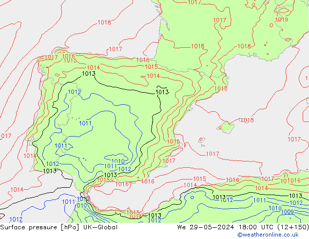 Pressione al suolo UK-Global mer 29.05.2024 18 UTC