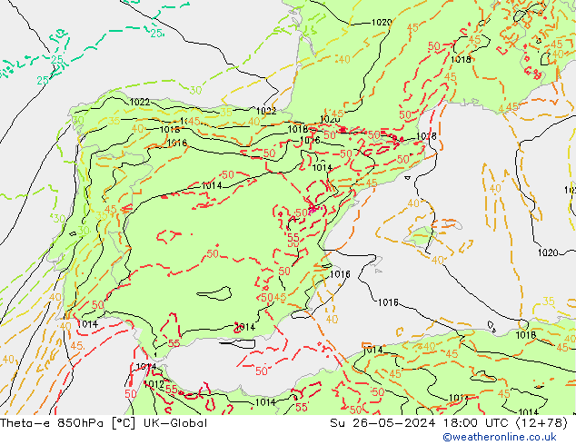 Theta-e 850hPa UK-Global Su 26.05.2024 18 UTC