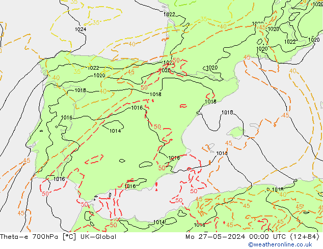 Theta-e 700hPa UK-Global Mo 27.05.2024 00 UTC