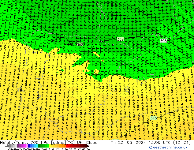 Height/Temp. 700 hPa UK-Global Qui 23.05.2024 13 UTC