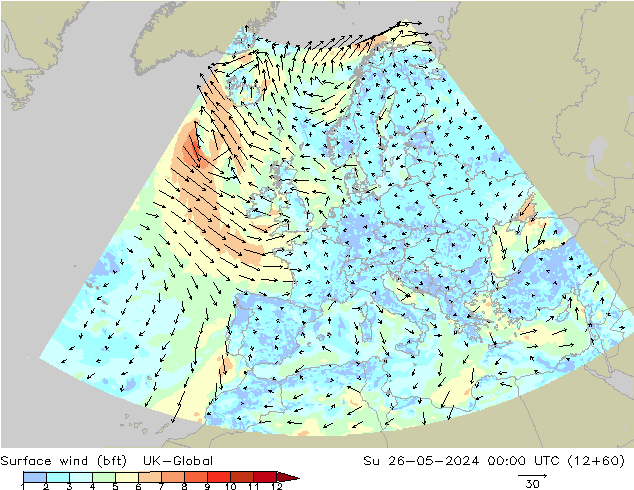 Surface wind (bft) UK-Global Su 26.05.2024 00 UTC