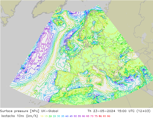 Isotachs (kph) UK-Global чт 23.05.2024 15 UTC