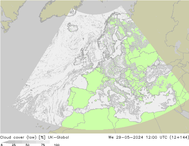 Cloud cover (low) UK-Global We 29.05.2024 12 UTC