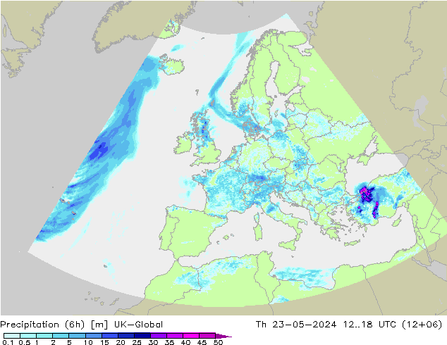 Precipitazione (6h) UK-Global gio 23.05.2024 18 UTC