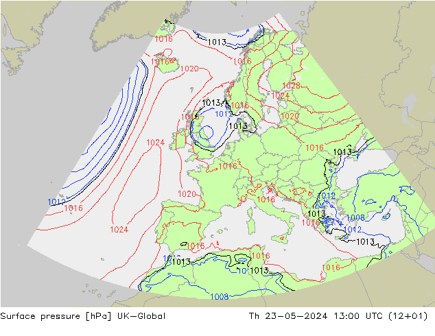 Presión superficial UK-Global jue 23.05.2024 13 UTC