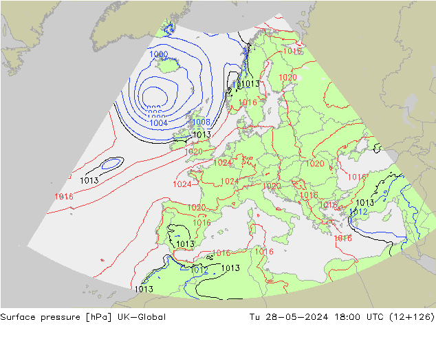 Surface pressure UK-Global Tu 28.05.2024 18 UTC