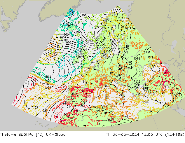 Theta-e 850hPa UK-Global Qui 30.05.2024 12 UTC