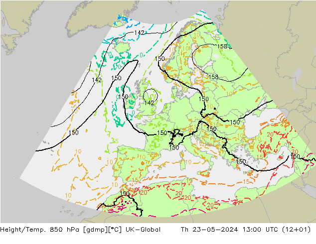 Height/Temp. 850 hPa UK-Global 星期四 23.05.2024 13 UTC