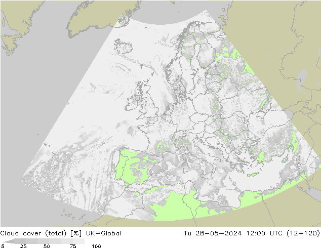 Bewolking (Totaal) UK-Global di 28.05.2024 12 UTC