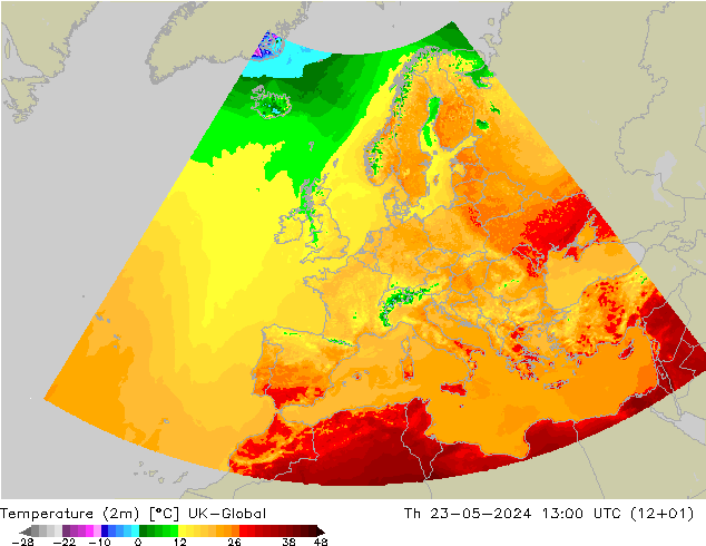 温度图 UK-Global 星期四 23.05.2024 13 UTC