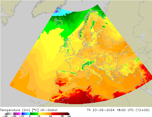 Temperature (2m) UK-Global Th 23.05.2024 18 UTC