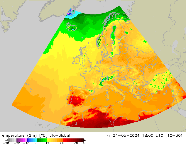 Temperature (2m) UK-Global Fr 24.05.2024 18 UTC
