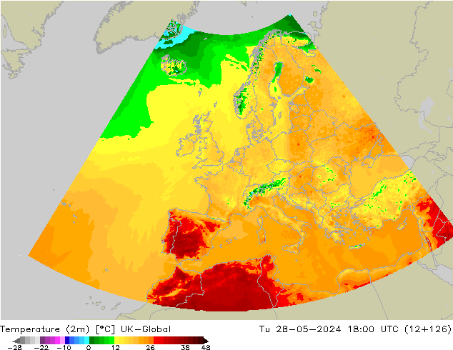 Sıcaklık Haritası (2m) UK-Global Sa 28.05.2024 18 UTC