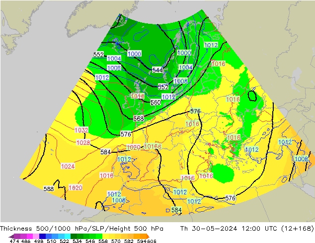 Thck 500-1000hPa UK-Global gio 30.05.2024 12 UTC