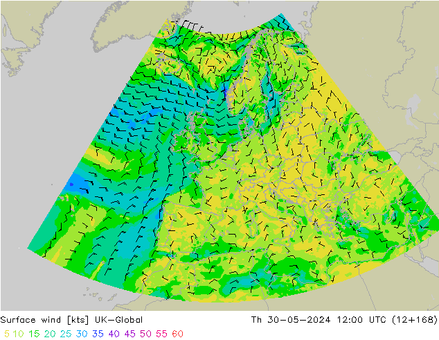 Surface wind UK-Global Čt 30.05.2024 12 UTC