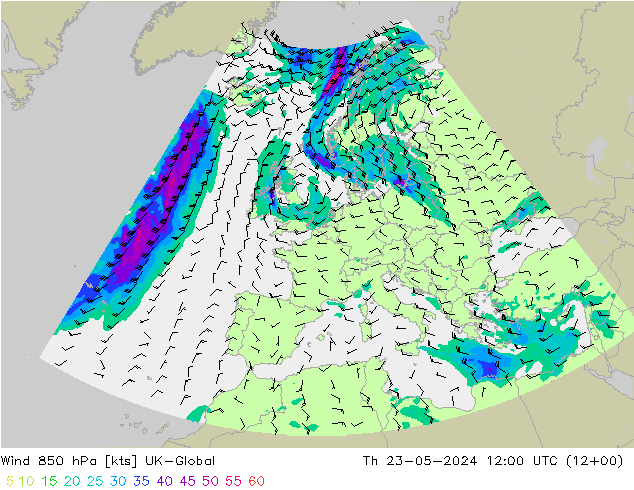 风 850 hPa UK-Global 星期四 23.05.2024 12 UTC