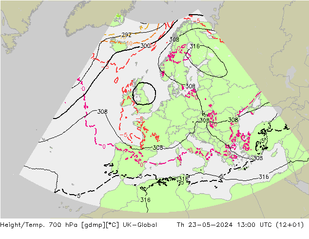 Height/Temp. 700 hPa UK-Global 星期四 23.05.2024 13 UTC