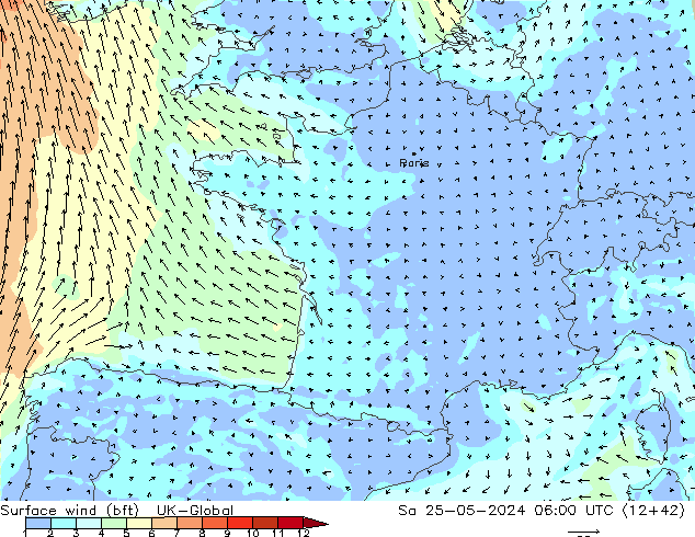 Surface wind (bft) UK-Global So 25.05.2024 06 UTC