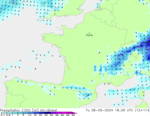 Totale neerslag (12h) UK-Global di 28.05.2024 06 UTC