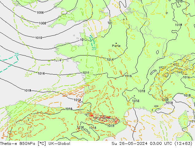 Theta-e 850hPa UK-Global Dom 26.05.2024 03 UTC