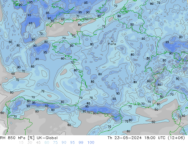RH 850 hPa UK-Global Do 23.05.2024 18 UTC