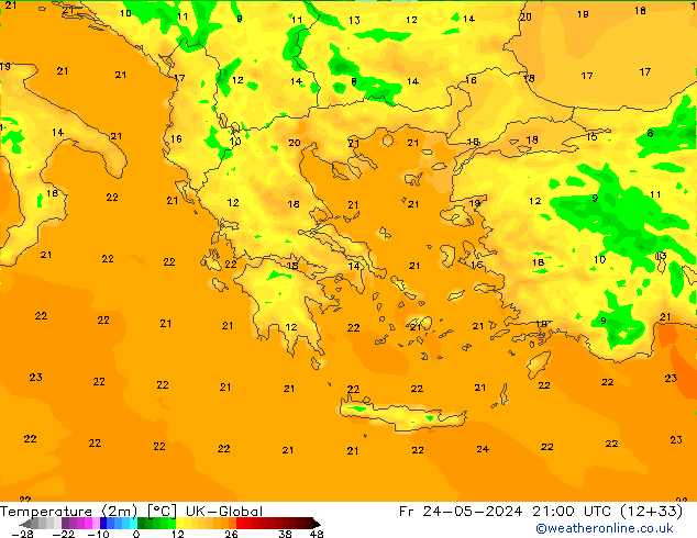 Temperaturkarte (2m) UK-Global Fr 24.05.2024 21 UTC