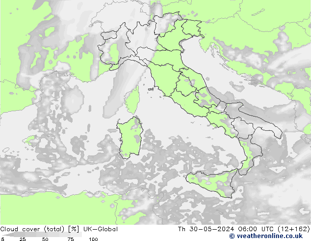 Bewolking (Totaal) UK-Global do 30.05.2024 06 UTC