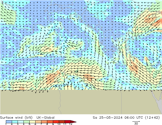wiatr 10 m (bft) UK-Global so. 25.05.2024 06 UTC