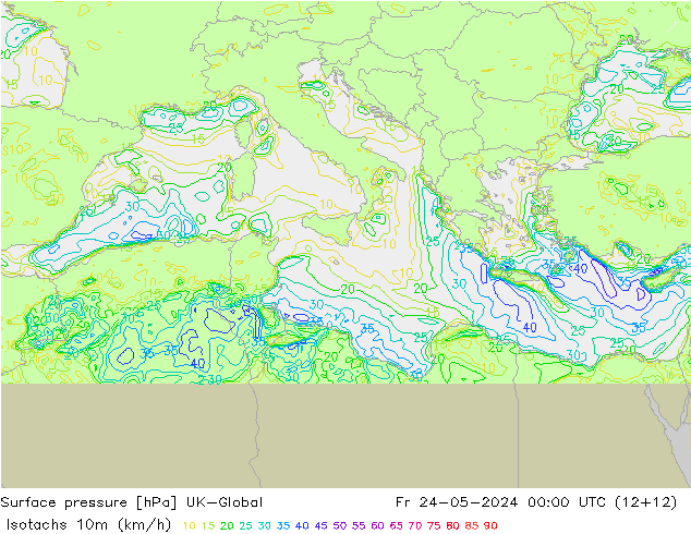 Isotachen (km/h) UK-Global vr 24.05.2024 00 UTC