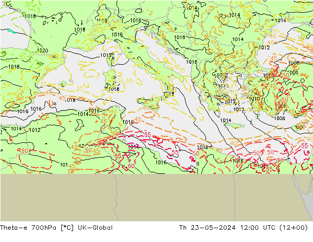 Theta-e 700hPa UK-Global do 23.05.2024 12 UTC