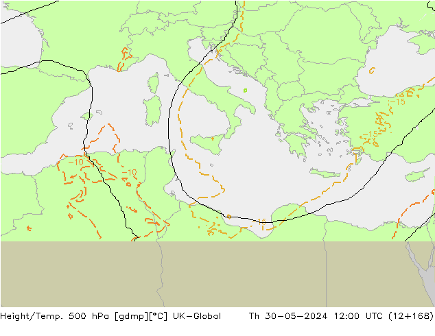 Height/Temp. 500 hPa UK-Global Th 30.05.2024 12 UTC