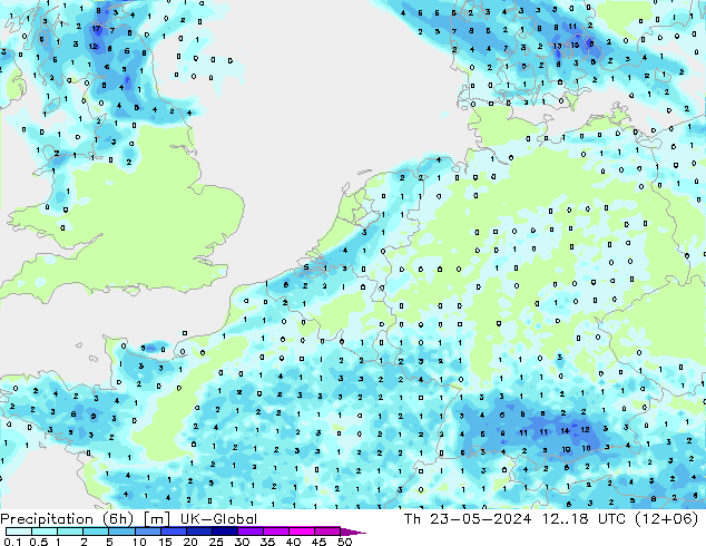 降水量 (6h) UK-Global 星期四 23.05.2024 18 UTC