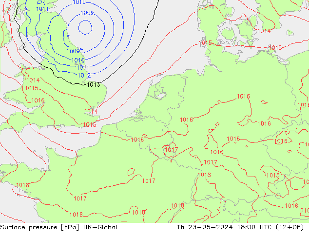 Presión superficial UK-Global jue 23.05.2024 18 UTC