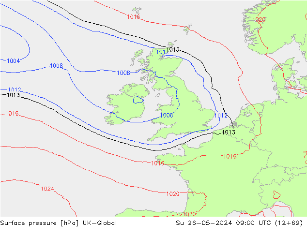 Presión superficial UK-Global dom 26.05.2024 09 UTC