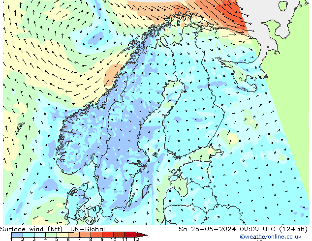 Viento 10 m (bft) UK-Global sáb 25.05.2024 00 UTC