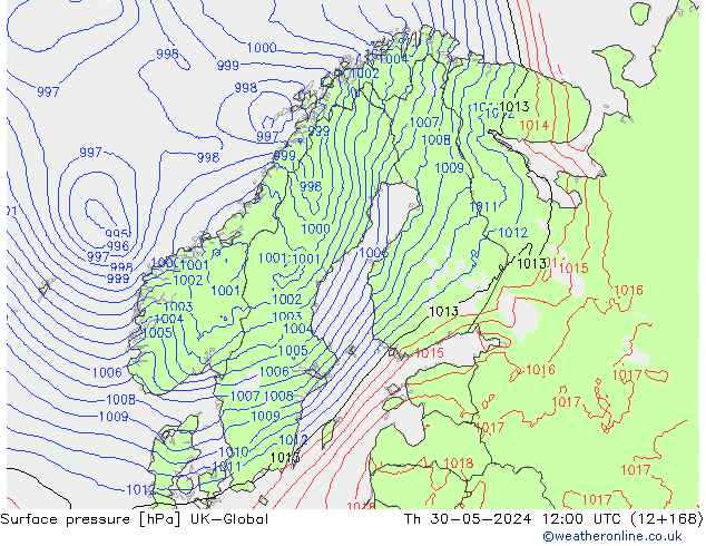 Surface pressure UK-Global Th 30.05.2024 12 UTC