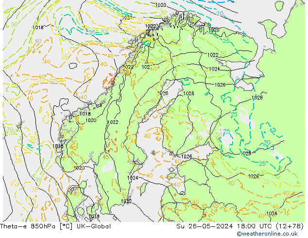 Theta-e 850hPa UK-Global Su 26.05.2024 18 UTC