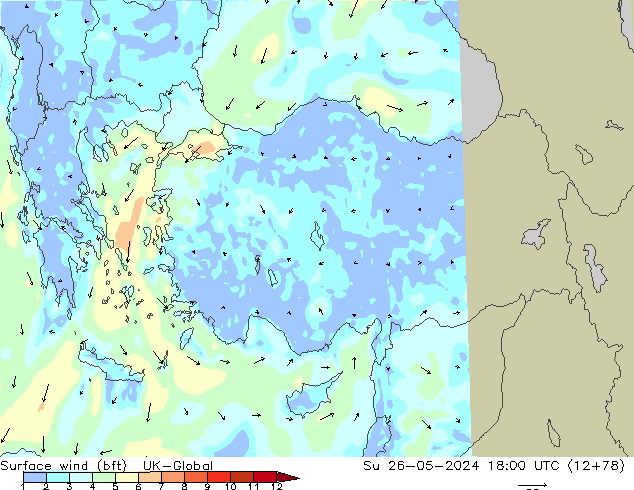 Surface wind (bft) UK-Global Su 26.05.2024 18 UTC