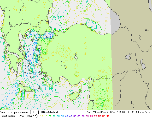 Isotachs (kph) UK-Global Dom 26.05.2024 18 UTC