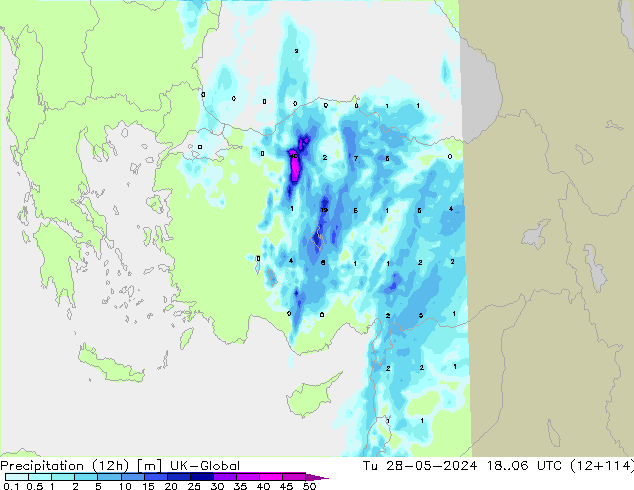 Precipitation (12h) UK-Global Út 28.05.2024 06 UTC