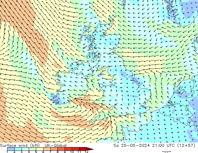 Wind 10 m (bft) UK-Global za 25.05.2024 21 UTC