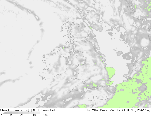 Cloud cover (low) UK-Global Tu 28.05.2024 06 UTC