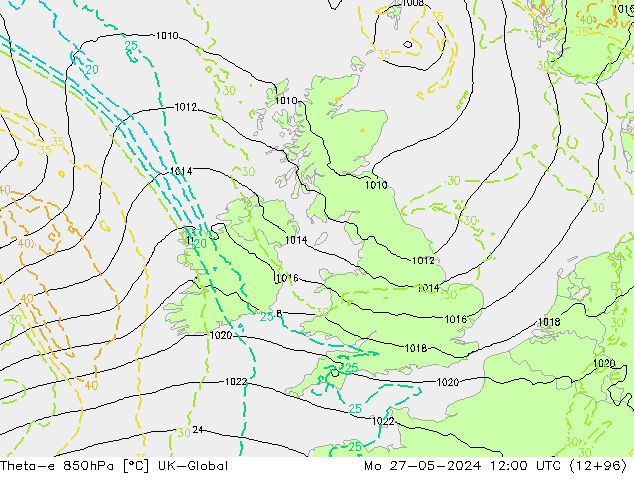Theta-e 850hPa UK-Global Mo 27.05.2024 12 UTC