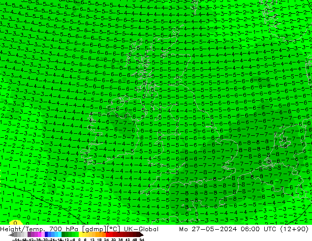 Height/Temp. 700 hPa UK-Global Mo 27.05.2024 06 UTC