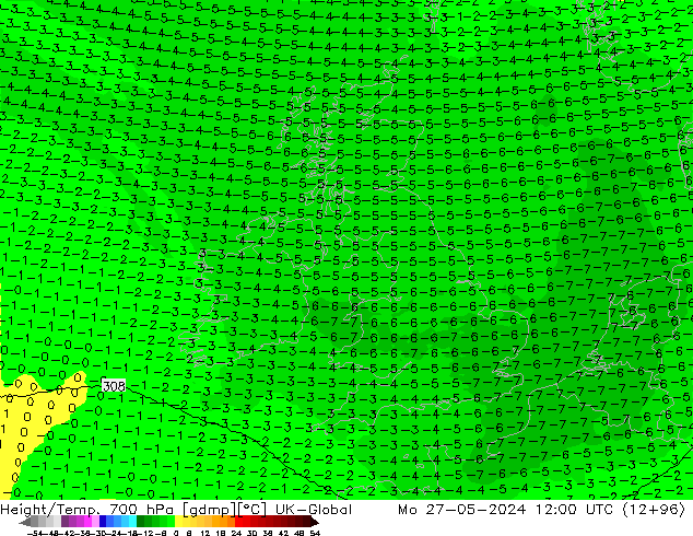 Height/Temp. 700 hPa UK-Global Mo 27.05.2024 12 UTC